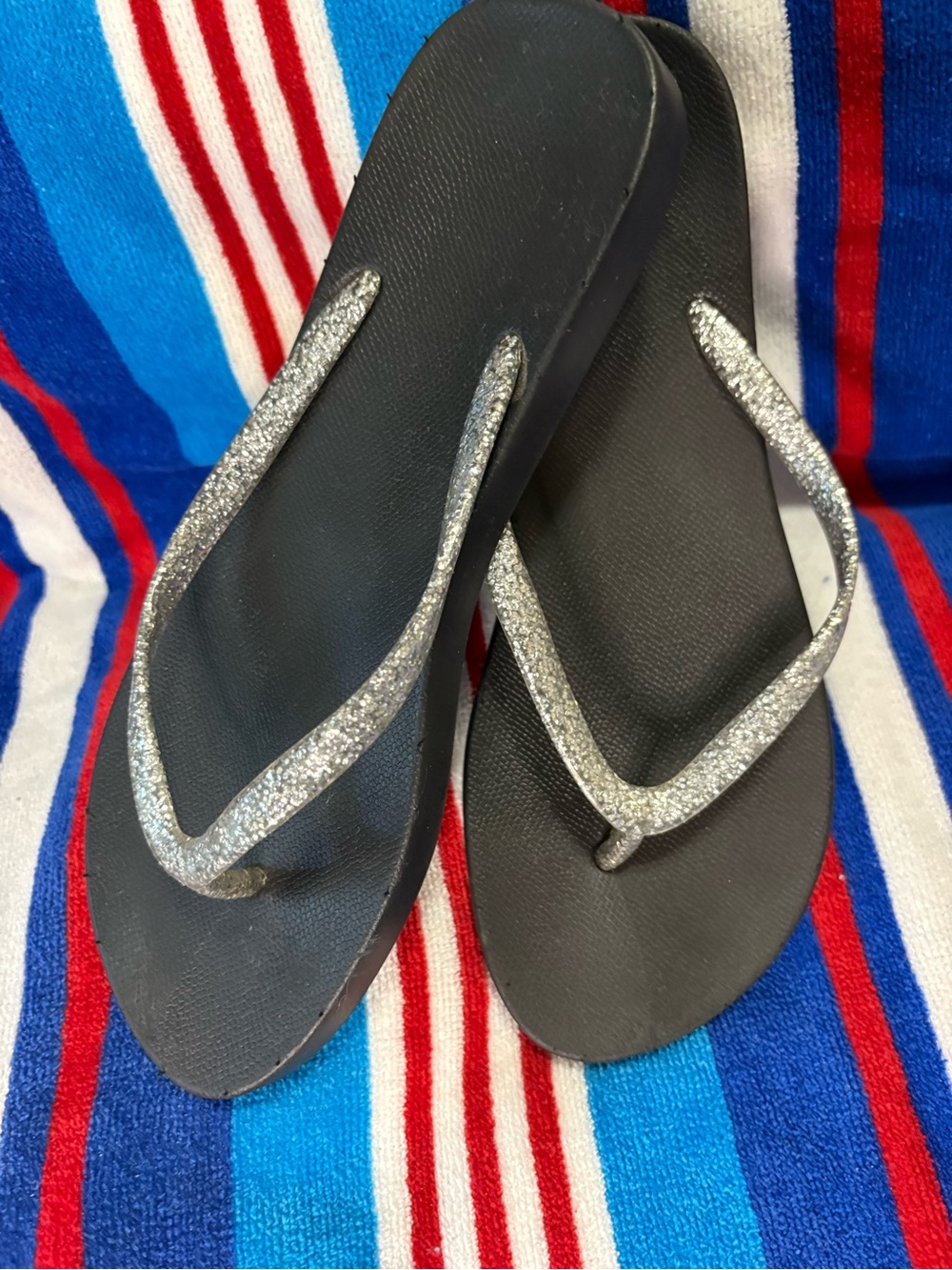 Women's Black Sandal Flip Flops with Silver Glitter Straps